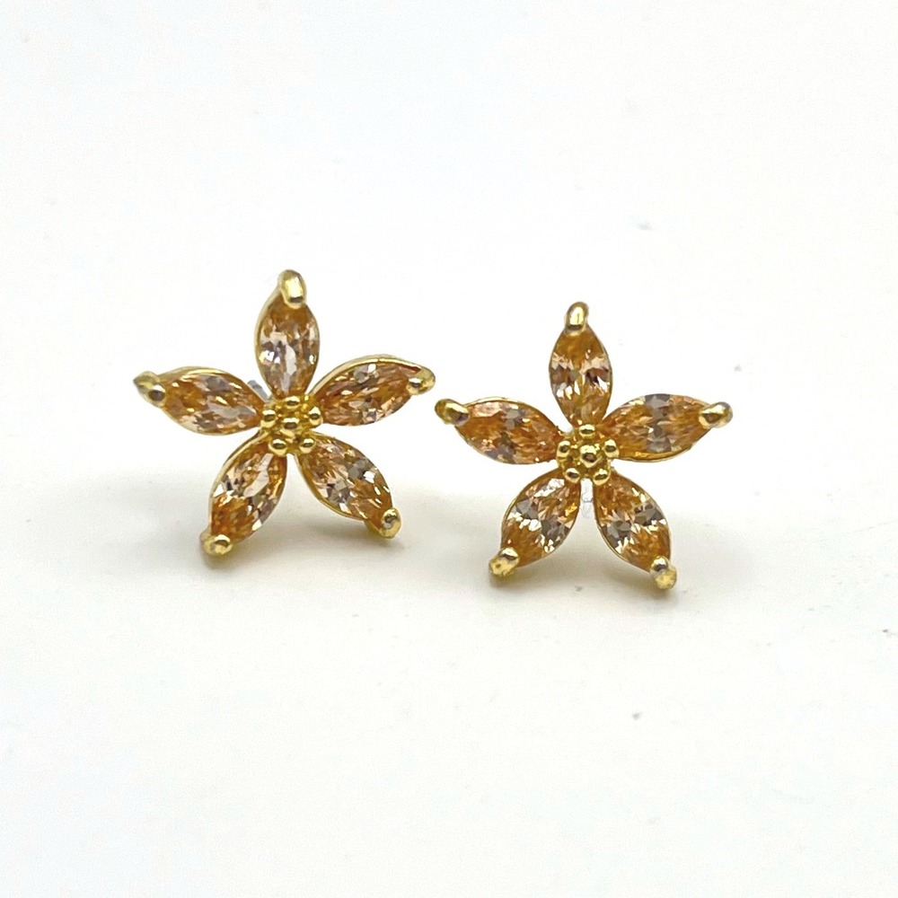 Gold Tone Champagne Marquise CZ Flower Stud Earrings Floral 0.5 Inch